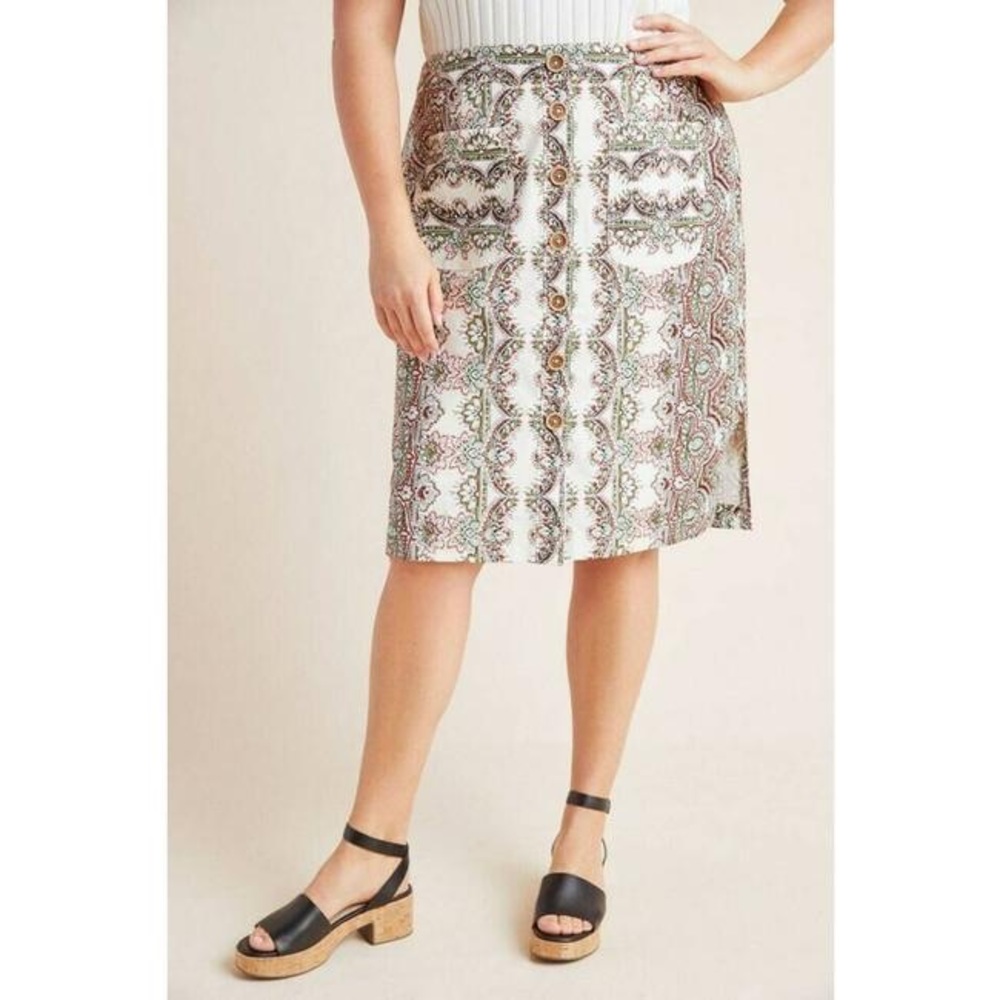 Anthropologie Maeve Kaleidoscope button front chino cotton midi pencil skirt 0
